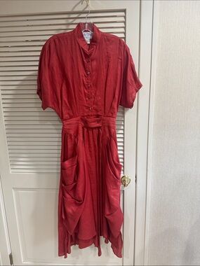 Asymmetrical Red Button-Front Women's Dress with Draped fake Pockets